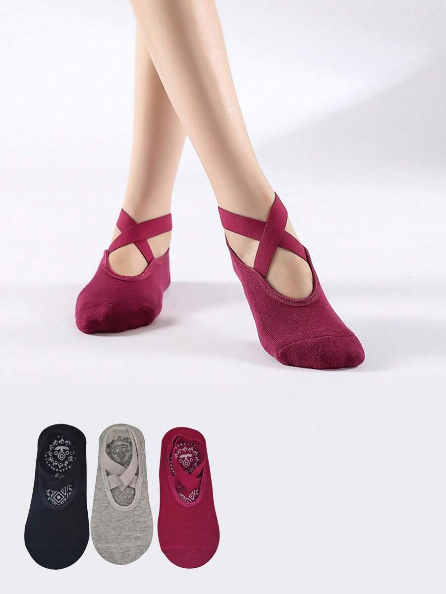 3 Pairs Women Non-Slip Yoga/Pilates Socks With Drawstring, Black, Gray, Wine Red