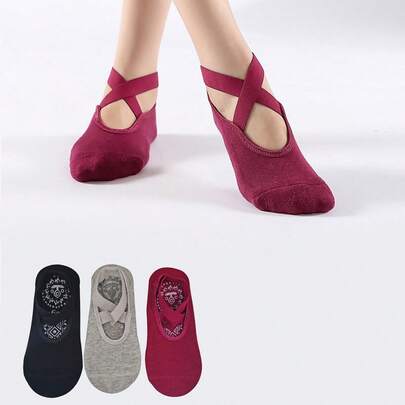 3双女士防滑瑜伽/普拉提袜（带抽绳），黑色、灰色、酒红色