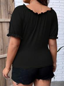 SHEIN Clasi 大碼褶邊前打結T恤 - 黑色 - 查看 2