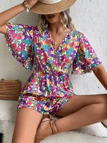 SHEIN VCAY 滿版印花蝴蝶袖連身短褲 - 彩色 - 查看 1