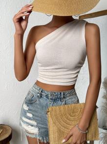 SHEIN Privé One Shoulder Ruched Side Crop Top - Apricot - View 3