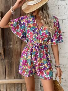 SHEIN VCAY 滿版印花蝴蝶袖連身短褲 - 彩色 - 查看 3