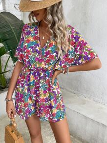 SHEIN VCAY 滿版印花蝴蝶袖連身短褲 - 彩色 - 查看 4