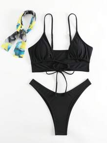 SHEIN Swim Tie Front High Cut Bikini With Swim Cap Summer - Black - View 3