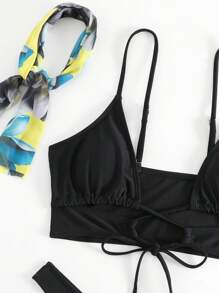 SHEIN Swim Tie Front High Cut Bikini With Swim Cap Summer - Black - View 4