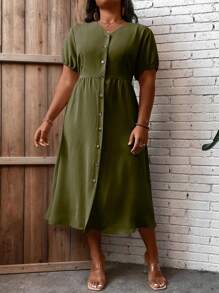 SHEIN LUNE 大碼前紐扣泡泡袖連衣裙 - 軍綠色 - 查看 7