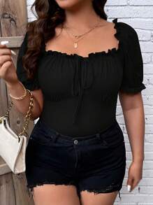 SHEIN Clasi 大碼褶邊前打結T恤 - 黑色 - 查看 5