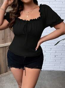 SHEIN Clasi 大碼褶邊前打結T恤 - 黑色 - 查看 6