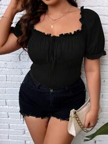 SHEIN Clasi 大碼褶邊前打結T恤 - 黑色 - 查看 7