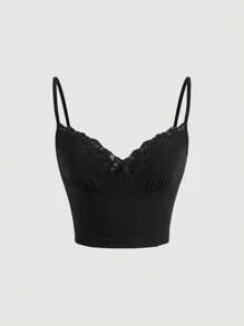 SHEIN MOD Contrast Lace Slim Fit Black Cami Top - Black - View 5