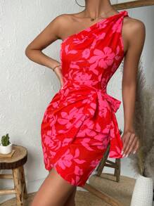 Breezaya Floral Print One Shoulder Knot Side Wrap Hem Dress - Red - View 6