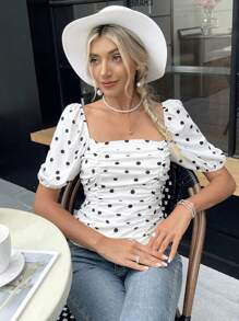 SHEIN Frenchy Polka Dot Print Ruched Zipper Back Puff Sleeve Blouse - Black and White - View 3