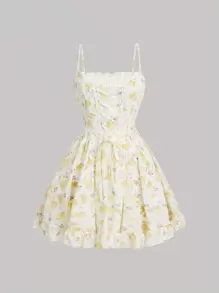 SHEIN MOD Đầm viền lá sen Ren lên Dây kéo Hoa Tất cả trên in Boho - Nhiều màu - Xem 1