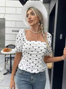 SHEIN Frenchy Polka Dot Print Ruched Zipper Back Puff Sleeve Blouse - Black and White - View 4