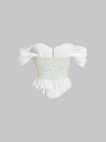 SHEIN MOD Off Shoulder Ruffle Trim Jacquard Top - Multicolor - View 2