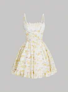 SHEIN MOD Đầm viền lá sen Ren lên Dây kéo Hoa Tất cả trên in Boho - Nhiều màu - Xem 2