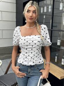 SHEIN Frenchy Polka Dot Print Ruched Zipper Back Puff Sleeve Blouse - Black and White - View 5
