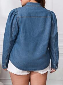 SHEIN Frenchy Plus Flap Pocket Puff Sleeve Denim Blouse - Dark Wash - View 2