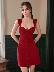 SHEIN MOD 褶邊前紐扣荷葉邊緊身連衣裙 - 酒紅色 - 查看 4