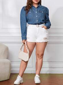 SHEIN Frenchy Plus Flap Pocket Puff Sleeve Denim Blouse - Dark Wash - View 3