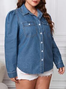 SHEIN Frenchy Plus Flap Pocket Puff Sleeve Denim Blouse - Dark Wash - View 4
