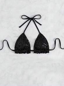 Sequin Halter Triangle Bikini Top - Black - View 4
