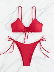 SHEIN Swim 2pcs Minimalist Solid Color Bikini Set For Vacations, Beach Summer - Red - View 4