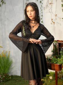 ROMWE Fairycore Contrast Mesh Twist Front Dress - Black - View 2