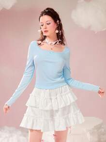 ROMWE 纯色对比蕾丝蝴蝶结装饰罗纹 T 恤，学校 - 淺藍色 - 查看 5