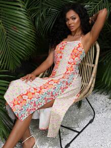SHEIN VCAY Floral Print Split Thigh Cami Dress - Multicolor - View 5