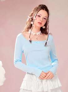 ROMWE 纯色对比蕾丝蝴蝶结装饰罗纹 T 恤，学校 - 淺藍色 - 查看 4