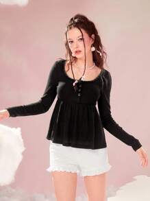 ROMWE Kawaii Contrast Lace Button Front Peplum Tee - Black - View 6