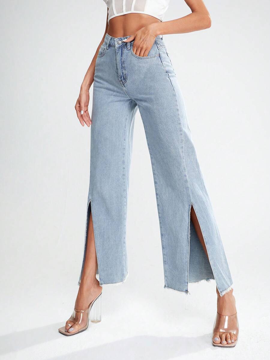 SHEIN Essnce 高腰開衩下擺寬腿牛仔褲 - 淺色水洗藍 - 查看 1