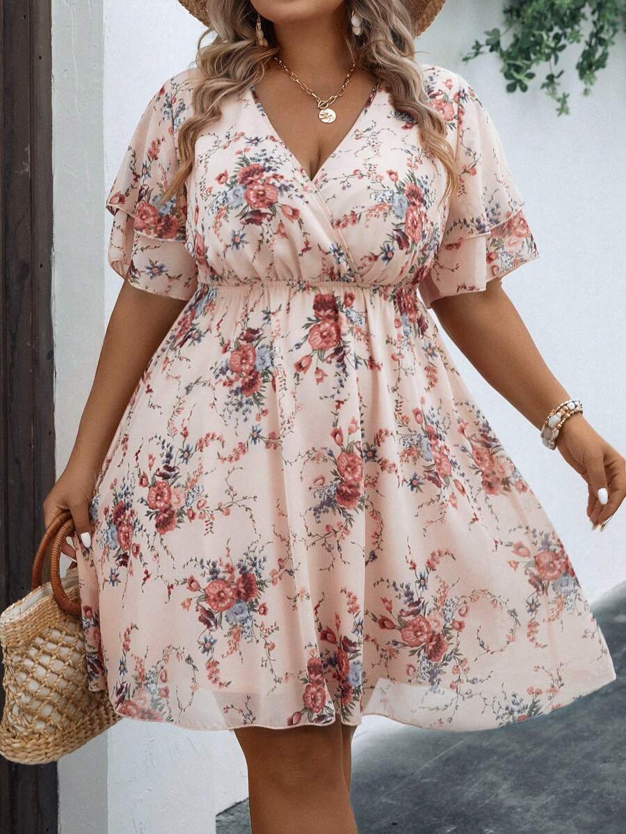 SHEIN Clasi Plus Floral Print Butterfly Sleeve Summer Boho Dress - Baby Pink - View 1