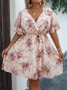 SHEIN Clasi Plus Floral Print Butterfly Sleeve Summer Boho Dress - Baby Pink - View 4