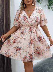 SHEIN Clasi Plus Floral Print Butterfly Sleeve Summer Boho Dress - Baby Pink - View 5