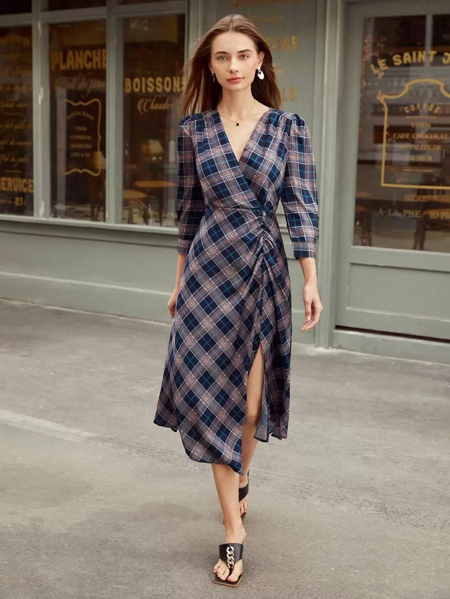 SHEIN VCAY Đầm Dây kéo Sọc ca rô Giải trí - Nhiều màu - Xem 1