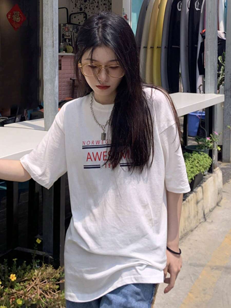 字母圖案落肩T恤 - 白色 - 查看 1