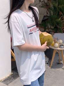 字母圖案落肩T恤 - 白色 - 查看 2