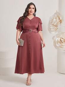 Modelyn Plus Ruffle Trim Button Front Belted Dress - Redwood - View 1