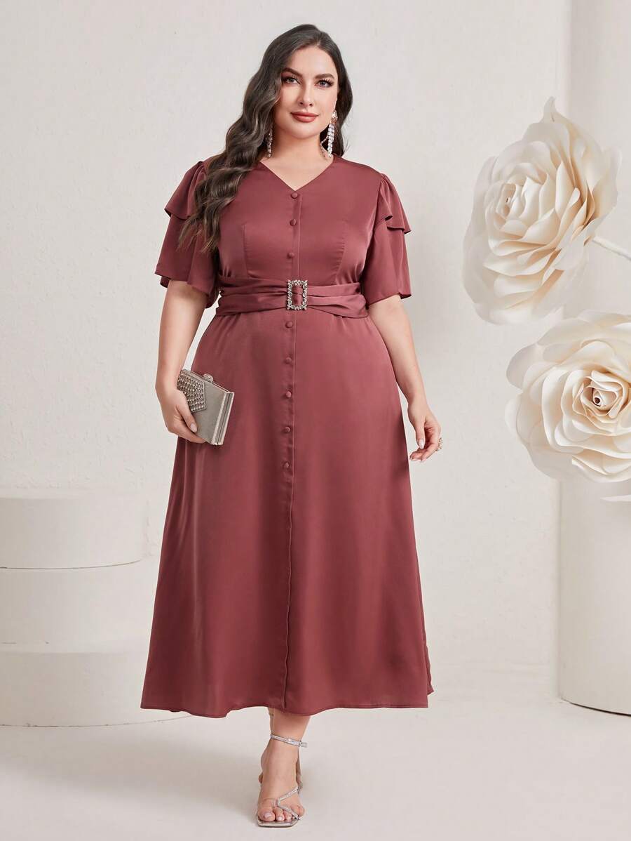 Modelyn Plus Ruffle Trim Button Front Belted Dress - Redwood - View 1