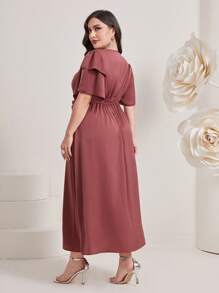 Modelyn Plus Ruffle Trim Button Front Belted Dress - Redwood - View 2