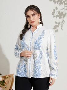 Mulvari Plus Plants Print Button Front Shirt - Blue and White - View 1