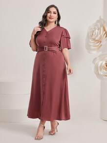 Modelyn Plus Ruffle Trim Button Front Belted Dress - Redwood - View 3