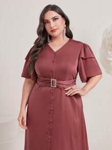 Modelyn Plus Ruffle Trim Button Front Belted Dress - Redwood - View 5