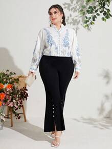 Mulvari Plus Plants Print Button Front Shirt - Blue and White - View 4