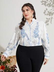 Mulvari Plus Plants Print Button Front Shirt - Blue and White - View 5