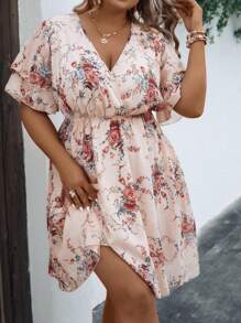 SHEIN Clasi Plus Floral Print Butterfly Sleeve Summer Boho Dress - Baby Pink - View 7