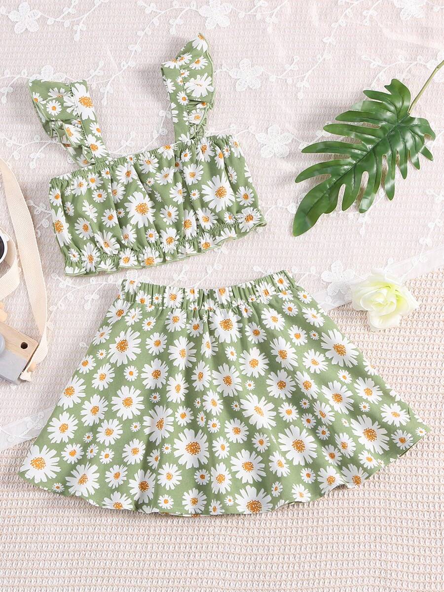 SHEIN 少女花卉印花荷葉邊上衣和裙子 - 彩色 - 查看 1