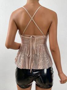 Aveloria Modichic Fashion Sequin Crisscross Backless Halter Top  - Champagne - View 2